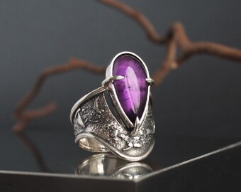 Amethyst and Sterling Silver Ring | Unique Silversmith Ring | Art nouveau jewelry