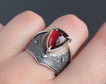 Garnet and Sterling Silver Ring | Silversmith Jewelry | Artisan Ring | Brutalist