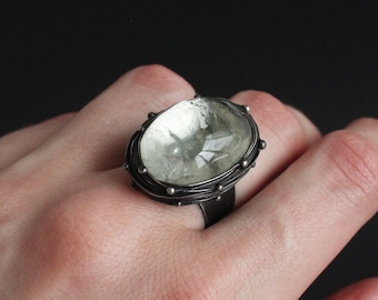 Green amethyst ring Unique ring Boho jewelry Transparent stone ring Personalized ring Statement jewelry for women Green ring Black ring