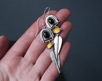 Geometric earrings Art deco style jewelry Black earrings Yellow earrings Long dangle earrings for women Oxidized sterling silver earrings