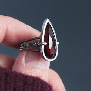 Handmade Sterling Silver Garnet Ring | Gothic Statement Jewelry | Oxidized Silver Gemstone Ring