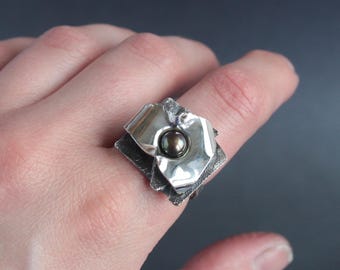 Contemporary Silver Ring | Brutalist Ring | Black Pearl Sterling Silver Ring