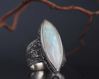 Moonstone and Sterling Silver ring | Silver Ring Size 9 1/2 US | Brutalist Jewelry | Large Natural Stone Ring | Rustic ring