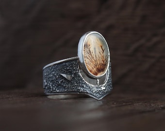 Dendritic agate and Sterling Silver Ring | Silversmith Jewelry | Unique Ring | Brutalist Statement  Jewelry
