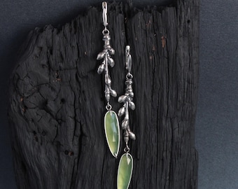 Green Serpentine and Sterling Silver Extra Long Earrings | Statement Jewelry for Women | Metalsmith Unique Jewelry | Nature Inspired