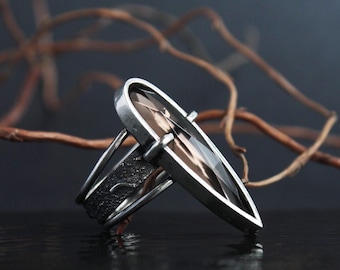 Brutalist Smoky Quartz Ring | Unique Gothic Style | Artisan Silver Statement Jewelry