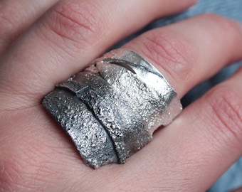 Brutalist Style Ring | Sterling Silver Wide Band Ring | Unique Silversmith Jewelry