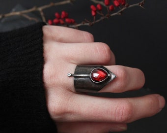 Witchy ring for women Gothic rings Black rings Wide band ring Adjustable rings with stone Red stone ring for women Statement rings