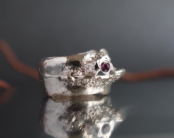 Garnet and Sterling Silver Ring | Solid Silver Ring | Ring Size 6 3/4 US | Brutalist Silver Jewelry