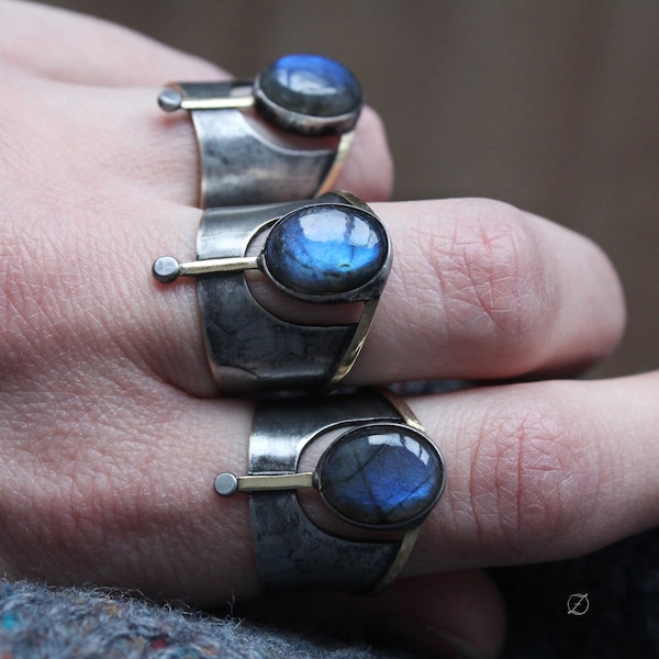 Brutalist ring Statement personalized ring Rustic jewelry Brass ring Labradorite ring Art deco style jewelry Blue ring