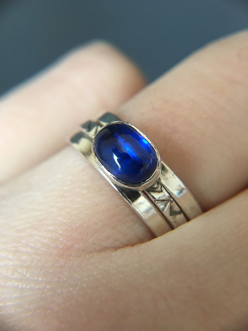 Kyanite and sterling silver stacking rings Three rings set sterling silver Tiny rings Patterned silver rings Mothers day gift idea