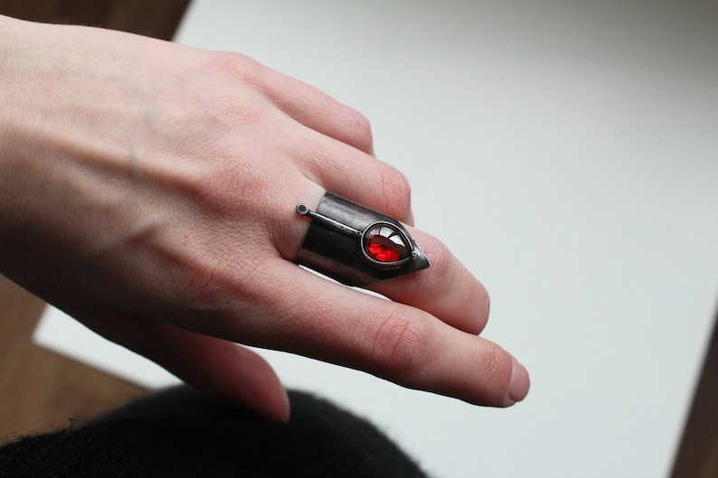 Witchy ring for women Gothic rings Black rings Wide band ring Adjustable rings with stone Red stone ring for women Statement rings image 2