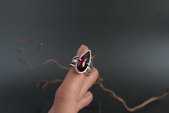 Handmade Sterling Silver Garnet Ring | Size 6 1/2 US | Gothic Statement Jewelry | Silver Gemstone Ring |