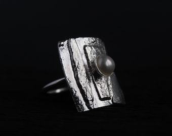 Silver and Pearl Ring | Handmade Silver Jewelry | Brutalist ring | Silversmith jewelry