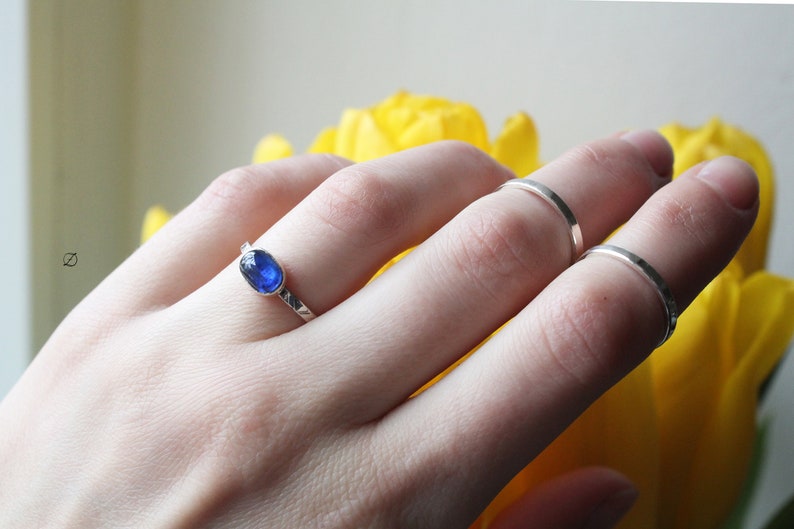 Kyanite and sterling silver stacking rings Three rings set sterling silver Tiny rings Patterned silver rings Mothers day gift idea