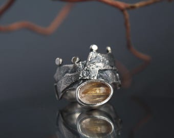 Golden Rutile Quartz and Sterling Silver Ring | Silver Ring Size 8 1/2 US | Unique Jewellery | Brutalist Ring