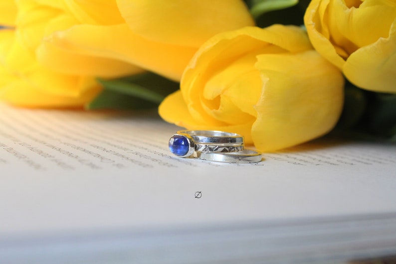 Kyanite and sterling silver stacking rings Three rings set sterling silver Tiny rings Patterned silver rings Mothers day gift idea