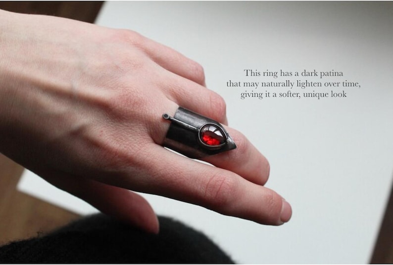 Witchy ring for women Gothic rings Black rings Wide band ring Adjustable rings with stone Red stone ring for women Statement rings image 7