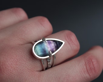 Handmade Sterling Silver Fluorite Ring | Size 8 1/2 US | Gothic Statement Jewelry | Silver Gemstone Ring