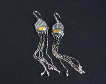 Long chains earrings Dangle Yellow earrings for women Silversmith jewelry Boho earrings sterling silver