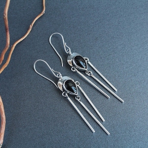 Sterling Silver Crescent Moon & Black Onyx Earrings | Gothic Witchy Dangle Earrings | Celestial Jewelry | Handmade Lunar Stick Earrings