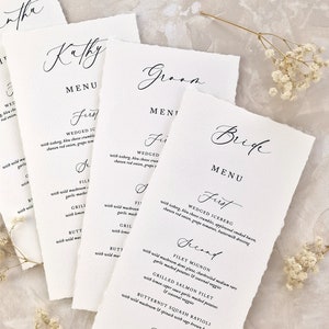 Cartões de menu de casamento com bordas irregulares, cartões de menu de jantar impressos, menu de casamento rasgado à mão, papelaria clássica de casamento, menu de casamento