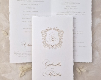 Beige Wedding Program With Crest | Folded Deckled Edge Wedding Program | Hand Torn Wedding Program | Classic Wedding Stationery