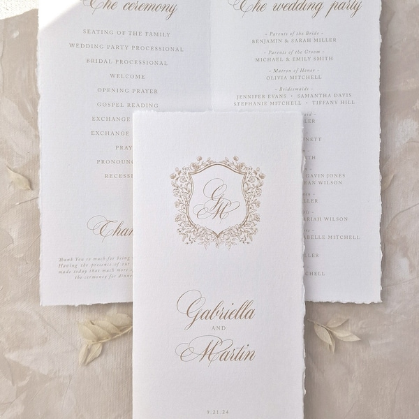 Beige Wedding Program With Crest | Folded Deckled Edge Wedding Program | Hand Torn Wedding Program | Classic Wedding Stationery