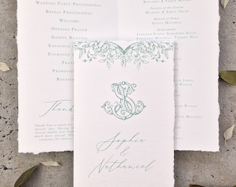 Folded Wedding Program With Monogram | Folded Deckled Edge Wedding Program | Hand Torn Wedding Program | Classic Wedding Stationery