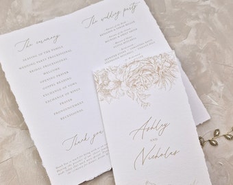 Wedding Program With Beige Floral Design |  Folded Deckled Edge Wedding Program | Hand Torn Wedding Program | Classic Wedding Stationery