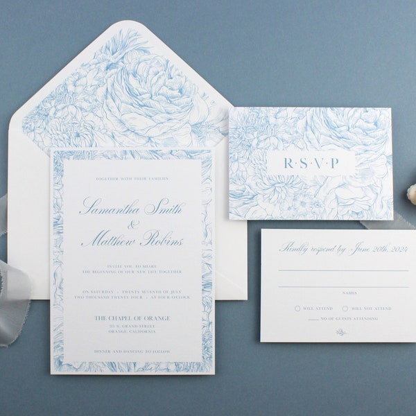 Dusty Blue Wedding Invitation Suite, Steel Blue Wedding Invitation, Floral Wedding Invitation Set