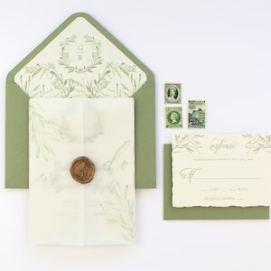 Olivgrün Pergament Hochzeitseinladungs-Set, Wachs Siegel Hochzeitseinladungs-Set