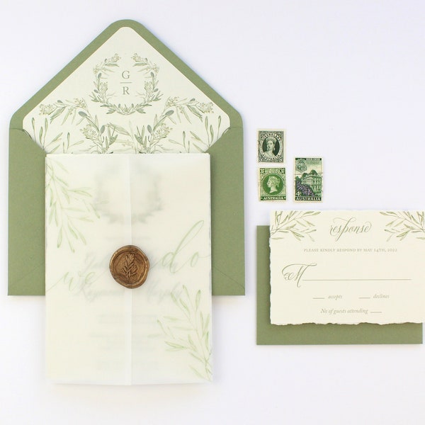 Suite d’invitation de mariage en vélin vert olive, ensemble d’invitations de mariage avec sceau de cire de la province d’Italie, invitation en vélin