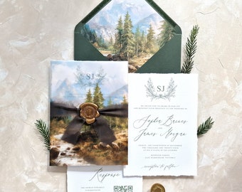 Forest Mountain Wedding Invitation Suite | Deckled Edge Paper Wedding Invitation Suite | Wax Seal Wedding Invitation with Vellum Sleeve