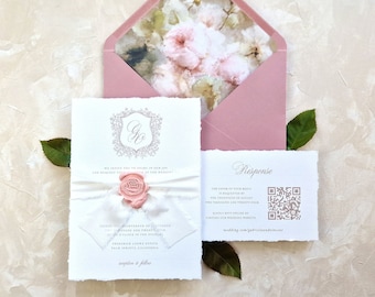 Pink Deckled Edge Floral Wedding Invitation Suite | Wax Seal Wedding Invitation with Ribbon | Monogram Crest Wedding Invitation