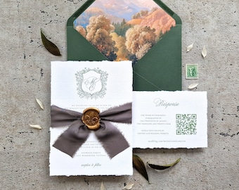 Deckled Edge Wedding Invitation Suite | Wax Seal Wedding Invitation with Ribbon | Monogram Wedding Invitation