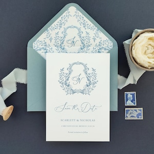 Slate Blue Monogram and Crest Save the Date Card With Envelope and Envelope Liner, Printed Dusty Blue Save the Date