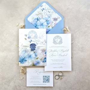 Dusty Blue Pergament-Hochzeits-Einladungs-Reihe | Stahlblau Wachssiegel Hochzeitseinladung | Wappen Hochzeitseinladung | Französische Blaue Einladung