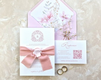 Blush Wedding Invitation Suite | Wax Seal Wedding Invitation with Printed Vellum Sleeve | Monogram Crest Wedding Invitation