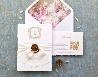 Deckled Edge Floral Wedding Invitation Suite | Wax Seal Wedding Invitation with Ribbon | Monogram Crest Wedding Invitation