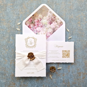 Conjunto de convites florais para casamento com borda denteada | Convite de casamento com selo de cera e fita | Convite de casamento com brasão de monograma