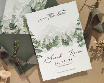 Rustic Woodland Save the Date Card With Envelope and Envelope Liner, Mountain Forest Save the Date, Outdoor Wedding Stationary