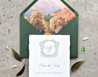 Forest Green Save the Date Card With Envelope | Monogram Save the Date | Deckled Edge Save the Date with Crest | Woodland Wedding Invitation