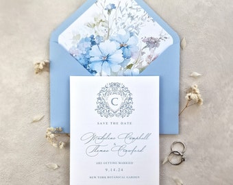 Save the Date Card With Blue Envelope and Floral Envelope Liner