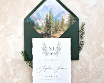 Mountain and Forest Save the Date Card With Envelope | Woodland Wedding Save the Date | Monogram Deckled Edge Save the Date