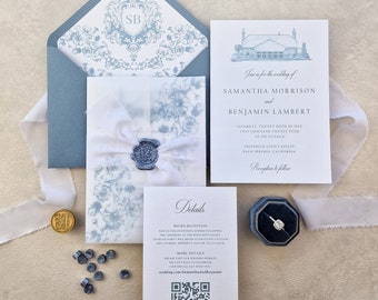 Dusty Blue Vellum Wedding Invitation Suite | Steel Blue Wax Seal Wedding Invitation | Crest Wedding Invitation | Venue Illustration