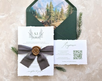 Mountain Forest Deckled Edge Wedding Invitation Suite | Wax Seal Wedding Invitation with Ribbon | Monogram Crest Wedding Invitation