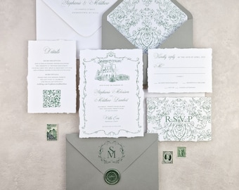 Sage Green Printed Wedding Invitation Suite | Victorian Style Wedding Invitation | Toile Invitation | Wax Seal & Crest Wedding Invitation