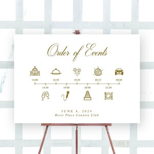 モダンな結婚式のイベント順序タイムラインサイン、エレガントなタイムラインサイン、結婚式の旅程サイン、印刷可能なタイムラインサイン