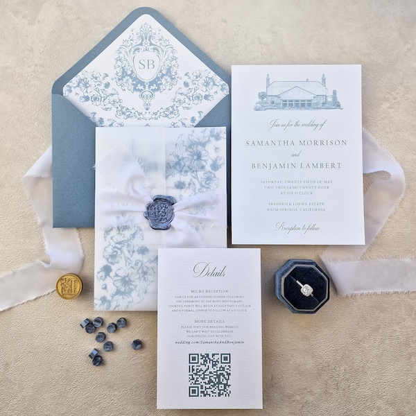 Suite d’invitation de mariage en vélin bleu poussiéreux | Faire-part de mariage de sceau de cire bleu acier | Faire-part de mariage de crête | Illustration du lieu